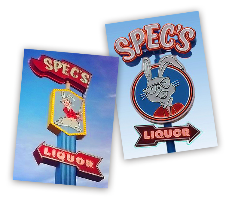 Two vintage neon signs with the Spec's name and logo
